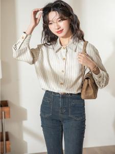 Japanese Style Striped Shirt Womens Loose Long Sleeve Design Sensation Small Audience Commute Spring Autumn New Arrival Top