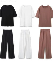 2024 Summer Female Casual Loose Pants Set Drawstring Baggy Pants + Solid Brown White Black Short Sleeve T Shirt Vintage