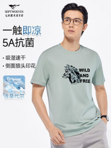 Septwolves Ice Silk Mens Short Sleeve T-Shirt Casual round Neck Antibacterial Lightweight Summer Fashion Black Top for Men