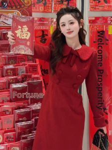 BIFEIMENG | Đầm Len Đỏ Phong Cách Pháp Cho Mùa Thu