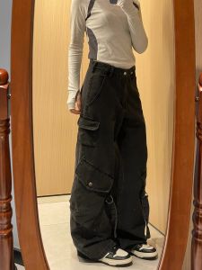 กางเกงยีนส์แนวช่างกลมีกระเป๋าหลายใบสีดำแนวไฮสตรีทแนววินเทจสำหรับผู้หญิงกางเกงขากว้างทรงสอบผูกเชือกแนวสตรีทสไตล์อเมริกันมีดีไซน์