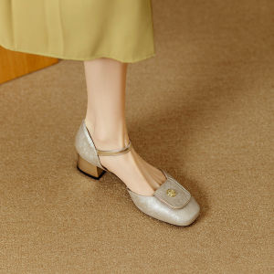 Stylish Floral Embossed Leather Square Head Sandals Womens Summer New Chinese Style National Fashion French Retro Thick Medium Heel Single Shoes