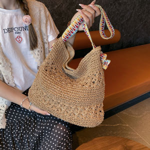 2024 New Womens Large Capacity Straw Woven Tote Bag Summer Vacation Beach Casual Style Single Shoulder Lazy Knot Handbag