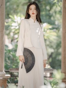 Elegant Rouje Kora Chinese Style Buttoned Suit Jacket And Skirt Set for Women Autumn Season Gauzy Half Skirt Two Piece Set