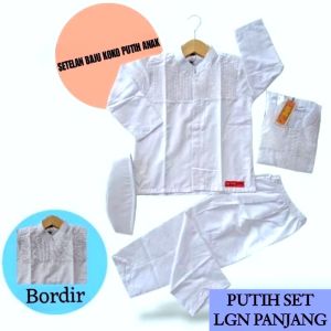 KOKO PUTIH ANAK 1 SET BORDIR KOMPUTER DAN SAKU DEPAN & KANAN-KIRI DENGAN KERAH SARKOCI LENGAN PANJANG DAN PENDEK UNTUK ANAK-ANAK DAN REMAJA PREMIUM KATUN BERKUALITAS TERBAIK SEBAGAI BAJU KEMEJA MUSLIM LAKI LENGKAP WARNA PUTIH MURAH SATU PECI CELANA SARUNG