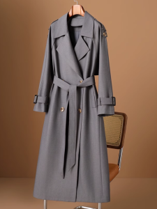 เรียบหรู สีเทา สไตล์อังกฤษ เสื้อโค้ท ผู้หญิง เสื้อกันลมสไตล์วินเทจ Hepburn ความยาวปานกลาง คุณภาพสูง โพลีเอสเตอร์ ผ้ายาว แขนเสื้อ