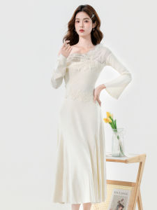 Elegant Rich Girl Style Lace Splice Shoulder Bared Dress Gentle Soft Fabric High Waist Long Sleeve A-Line Skirt for Party