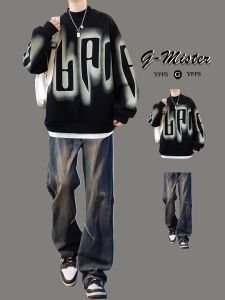 Mens Autumn Winter Fleece Lined Hoodie And Pants Set round Neck Long Sleeve Casual Sportswear Teenagers Fashionable And Cool