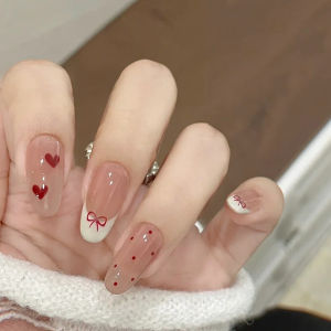 Medium almond fake nails in Beige with red black white heart & letter designs for Valentines Day press on false nail art set