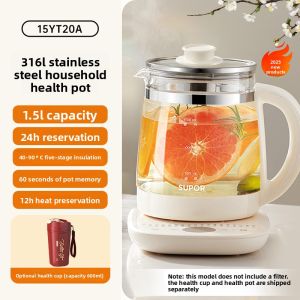 Supor 316L Glass Health Tea Maker Small Office Home Use Multi-Function Insulated Water Boiler 1.5L Stainless Steel Bottom Heating