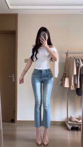 Soft Wide Leg Jeans High Waist Nine Points Micro Flared Washed out Straight Leg Unique Elastic Casual Zipper Style Denim Pants
