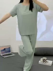 Y&L Fashion P050 High Quality Cotton Spandex Plain Color Free Size Short Sleeve Pajama Set Home Wear Set