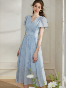 Roey s house | French Puff Sleeves Striped V-Neck Big Skirt Summer Dress