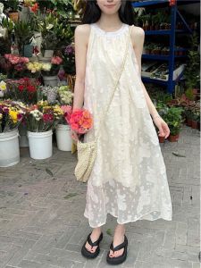 Miss Cacao Summer Dress Womens Soft Vacation Style Age-Defying Midi Lace Hook Flower Vest Skirt A-Line Silhouette High Waist