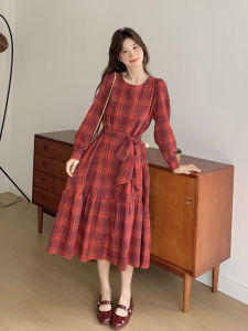 Red Plaid A-Line Long Dress French Chic Dandelion Gentle Bubble Sleeve Womens Spring Season Polyester Fiber round Neckline