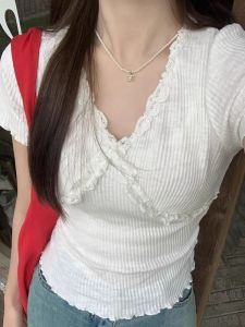 Gray V-neck Short-Sleeved T-shirt Womens Summer 2024 New Arrival Tight Waist Slimming and Short Bottoming Stylish Niche Top Tide