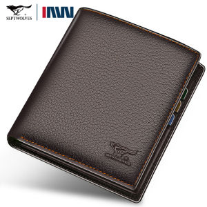 กระเป๋าสตางค์ผู้ชาย Septwolves แท้เต็มหนังแท้คลิปเงินสั้นตั้งตรงคลิปหนังวัวขนาดเล็กง่ายแบรนด์หนังนุ่ม