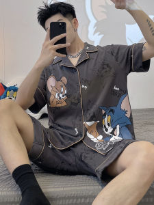 Summer Thin Short Sleeve Mens Sleepwear Loose Cardigan Home Clothes Set Large Size Cartoon Teenager Home Leisure Suit