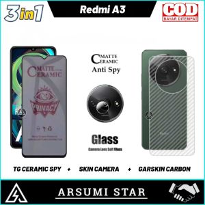 Paket 3in1 Tempered Glass Ceramic Spy XIAOMI REDMI A3 2024 Anti Gores TG Layar Ceramic Spy Privacy Full Cover Full Layar Screen Protector Anti Pecah + Pelindung Camera + Garskin Carbon 3D