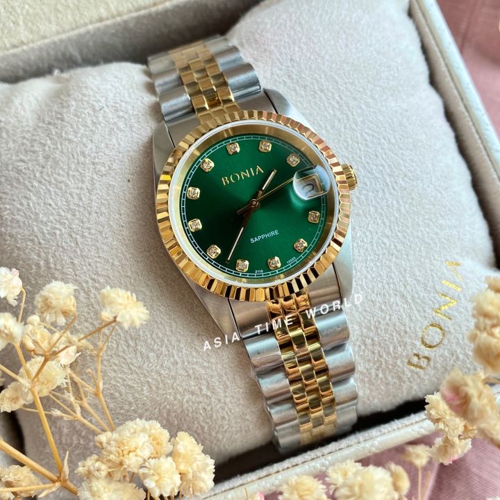 Original BONIA BNB10550 3197 Elegance Sapphire Women s Watch with Green Sunray Dial Two Tone Silver and Gold Stainless Steel Official Warranty Lazada