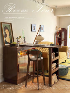 Mid-Ancient Retractable Solid Wood Bar Counter For Home Small Apartment Living Room Partition High Bar Table Foldable Kitchen Island Sideboard Cabinet Integrated