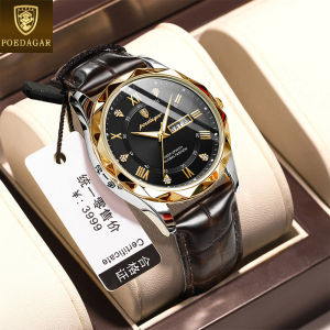 POEDAGAR watch for men original waterproof genuine leather calendar luminous diamond dial casual watch