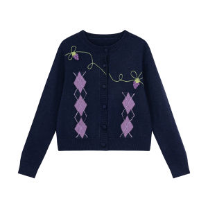 NIHAOKANONG | Áo Cardigan Len Thêu Argyle Patchwork Phong Cách Thư Giãn Cho Mùa Xuân Thu