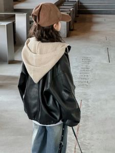 Trendy Leather Jacket Coat for Girls Autumn Spring Hooded Big Kids Fashionable Outerwear Korean Style PU Material
