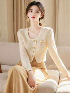 Fashionable High Waist Knitted Cardigan And Mini Skirt Set Womens round Neck Open Front Sweater in Caramel And Beige Colors