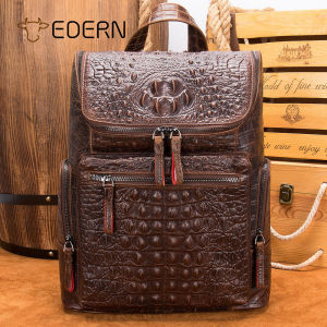 EDERN New Crocodile Pattern Backpack for Men Retro Fashion Genuine Leather Backpack Waterproof Cowhide Schoolbag Large Capacity 14-inch Laptop Bag