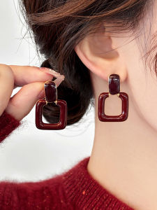 Retro Red Geometric Silver Earrings: Women's New Year Fashion Jewelry