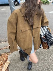 Áo Khoác Da Nữ Phong Cách Hàn Quốc Brown Retro Dáng Rộng Dài Vừa Phải Cổ Vest Thường Xuân Thu 2024 Áo Khoác Ngoài