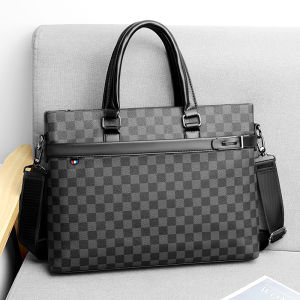 Leather Plaid Handbag Mens Casual Business Shoulder Bag Horizontal Style Computer Briefcase New Model Document Bag
