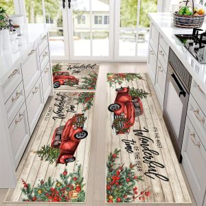 VIKAMA Christmas Kitchen Rugs 2‑Pack Non‑Slip Washable Floor Mats Xmas Candy Stripe Letter Print Kitchen Runner Mat
