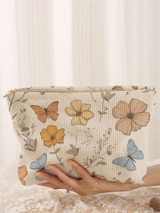 กระเป๋าแต่งหน้าผ้าลูกฟูกลายดอกไม้ 1 ใบ กล่องเก็บเครื่องสําอางซิปน้ําหนักเบา กระเป๋ามัลติฟังก์ชั่นพร้อมซับใน