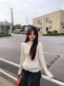 Áo Thun Dài Tay Cổ Cao Ren Splicing Phong Cách Hàn Quốc Cho Nữ Mùa Thu Ballet Slim Fit Áo Lót Cơ Bản Áo Trên Cùng