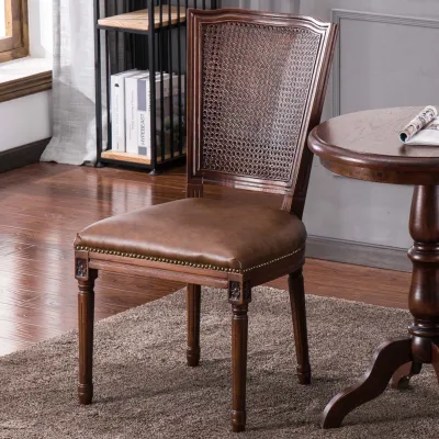 Retro American Country Style Solid Wood Dining Chair with Armrest Casual Leather Backrest Single Seat Book Chair for Restaurant
