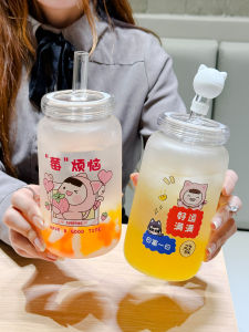 Home Use Glass Cup for Women Breakfast Straw Cup Cute Large Belly Cold Drink High Temperature Resistant Milk Tea Cup Fresh Style