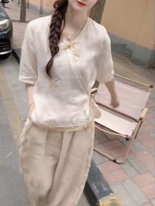 Shalldoer | New Chinese Style Womens Set Summer Side Buttoned Belted Shirt Pure Color Straight Casual Pants Two Piece Set Round Neck Sleeve