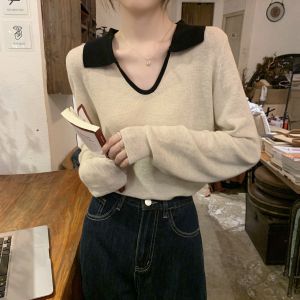 Early Autumn 2025 New Womens Polo Neck Loose Knitted Sweater Long Sleeve Color Block Woolen Fabric Fashionable Anti-Aging Top