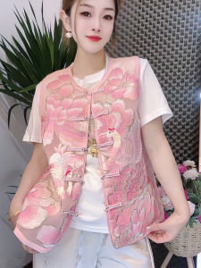 New 2025 Chinese Style Embroidered Jacket Womens Sleeveless Top High End Loose Fit Button Warmth Plant Floral round Neck
