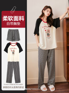 Pure Cotton Summer Sleepwear Set with Chest Pad Casual Home Clothes Short Sleeve Plaid Three-piece Womens Comfortable Nightgown