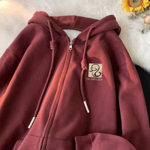 Red Wine Color Snake Year Zipper Hooded Jacket Mens Loose Fit Fleece Lined Autumn Winter Casual Sweatshirt with Zipper