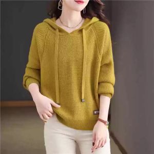 Ladies Short Knitted Hoodie Casual Base Shirt Autumn Winter New Style 2024 Trendy Pullover Long Sleeve Solid Color Commute