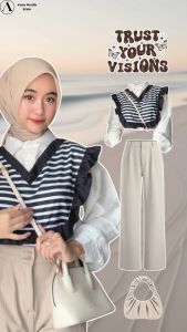 one set korea style 3in1 ( Atasan Blouse Salur Motif + Celana Ivory + Tas Bahu + Hijab ) AM167N