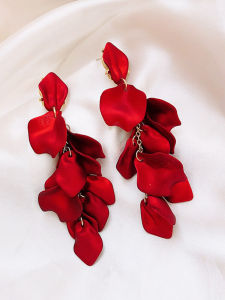 Exaggerated Long Wedding Red Flower Petal Earrings Womens Fashion Ins Drop Earrings Trendy Jewelry Accessories