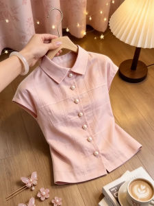 Shalldoer | Pearl Buttoned Polo Collar Flounce Sleeve Pink Shirt