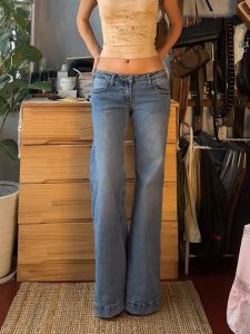 Low Waist Bell Bottom Denim Jeans Womens Summer Vintage Loose Wide Leg Floor Length Pants American Style Spicy Girl