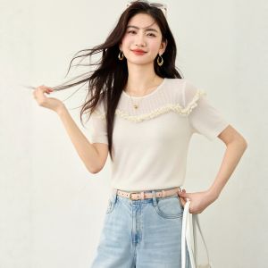 puella | Floral Lace Round Neck Versatile Summer T-Shirt