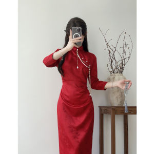 Elegant Long-Sleeve Red Qipao Wedding Dress New Chinese Style Bridal Gown with Shawl Engagement Party Autumn Winter Return Home Suit